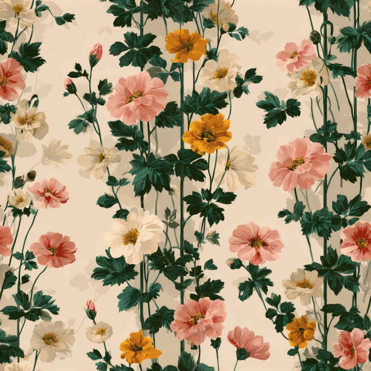 Floral wallpaper pattern with pink, yellow, and cream flowers and green leaves.