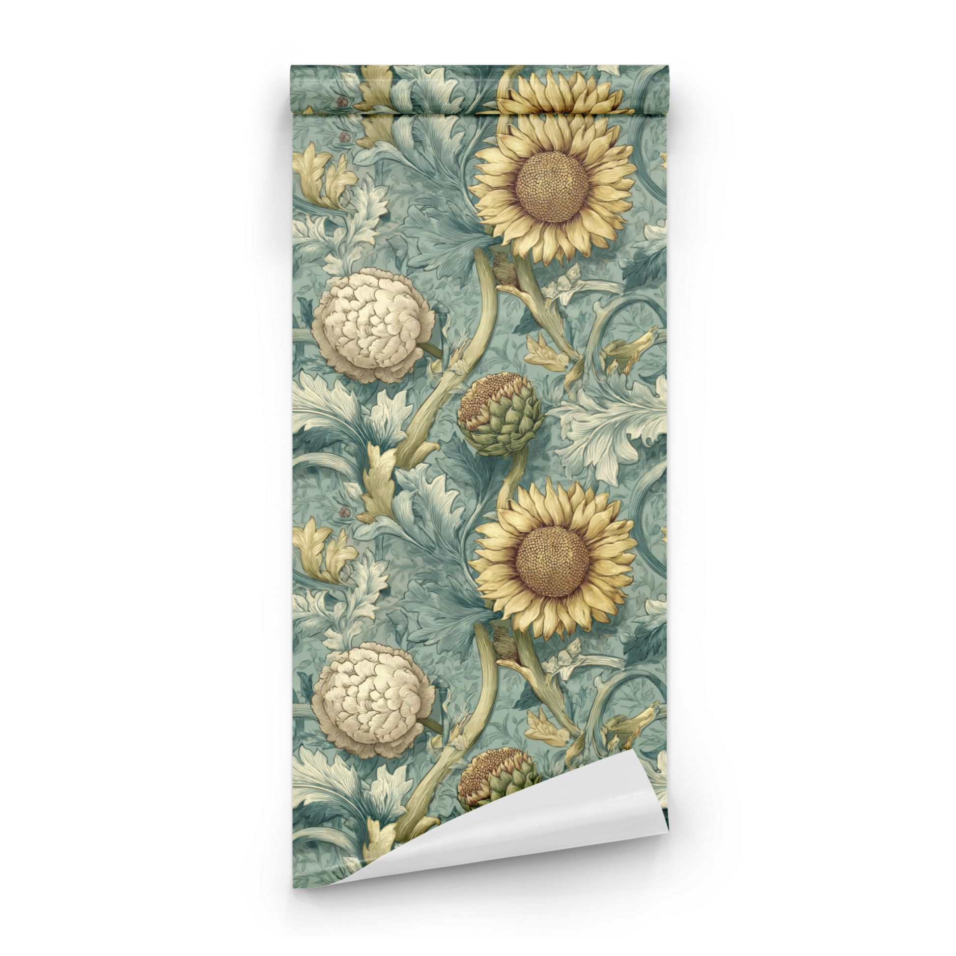 Green Floral Wallpaper roll preview showing the grove floral drawing in close deep moody green detail