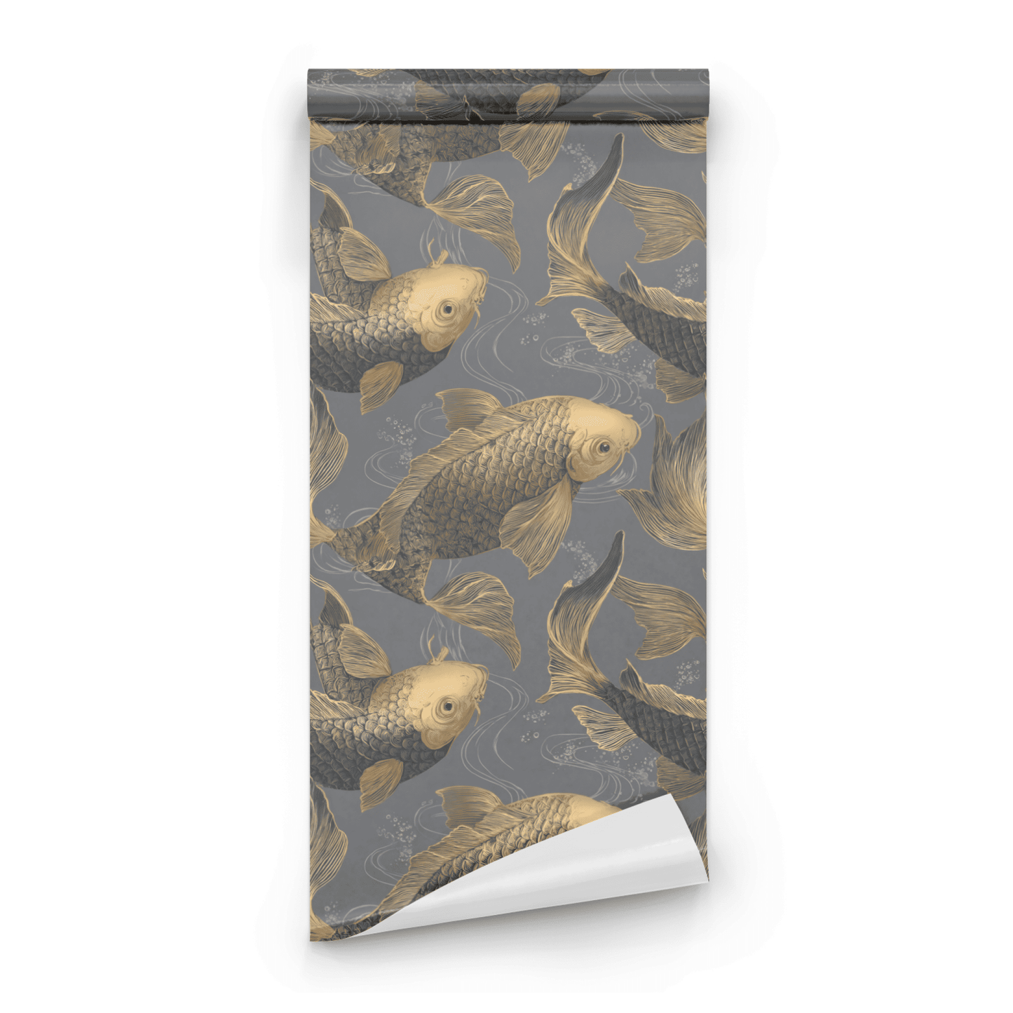 Grey Animal Print Wallpaper roll preview showing the gold metallic koi detail on the grey ground in close drawing