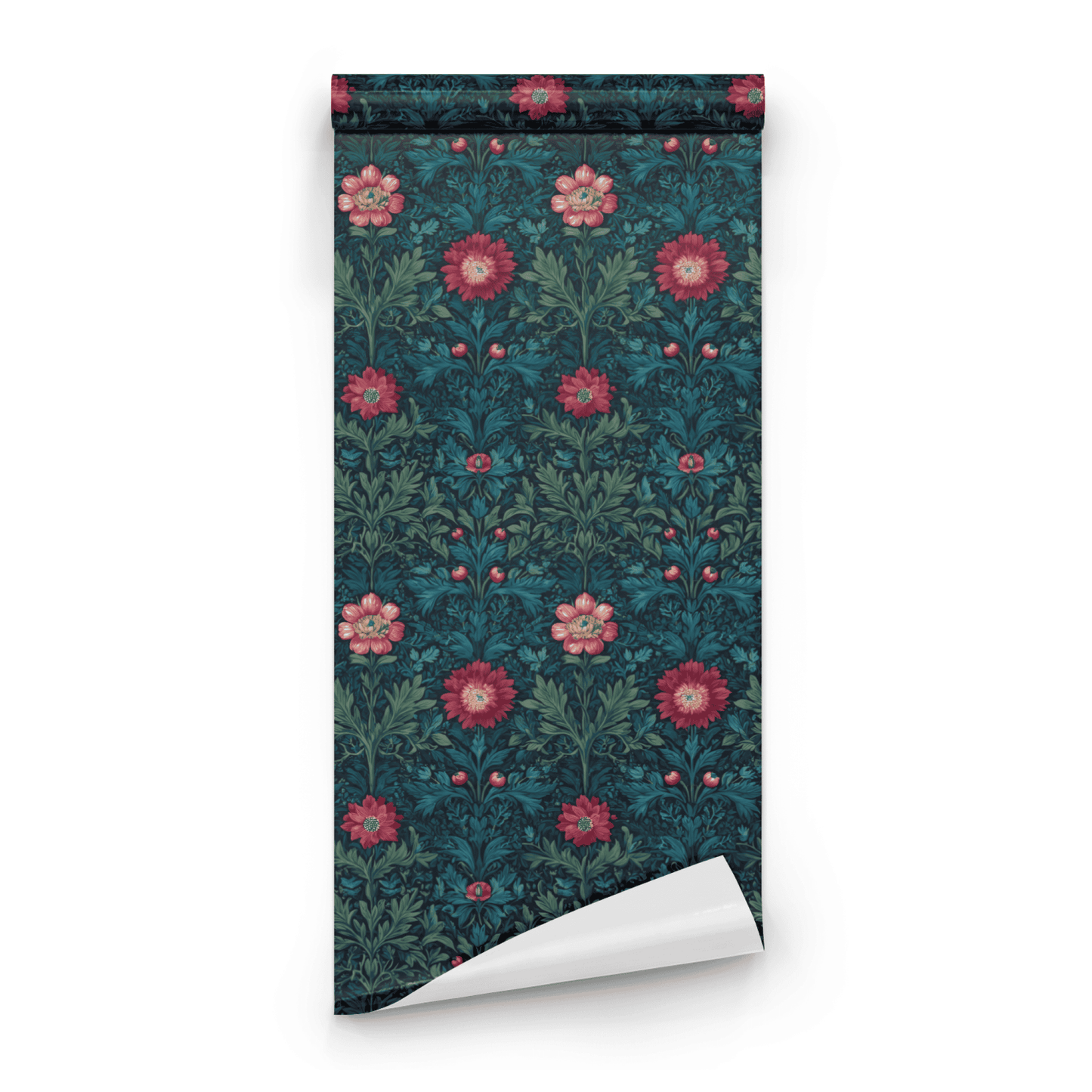 Green Floral Wallpaper roll close-up showing the anemone floral drawing and the deep emerald green detail in fine Arts and Crafts line work