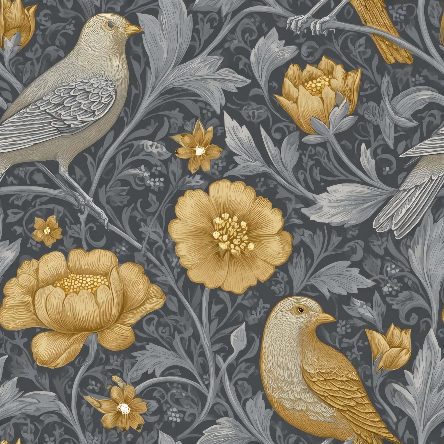 Wallpaper with intricate birds and floral patterns in golden and grey hues.
