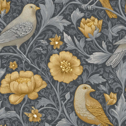Wallpaper with intricate birds and floral patterns in golden and grey hues.