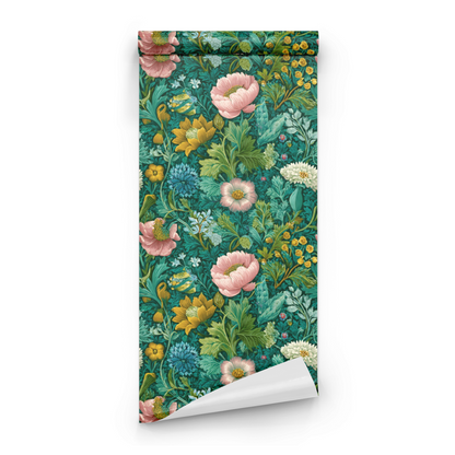 Green Floral Wallpaper roll close-up showing the botanical drawing in close deep teal Arts and Crafts detail