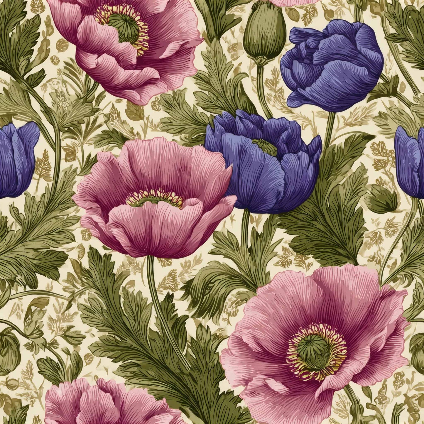 Floral wallpaper pattern with pink and purple flowers and green leaves.
