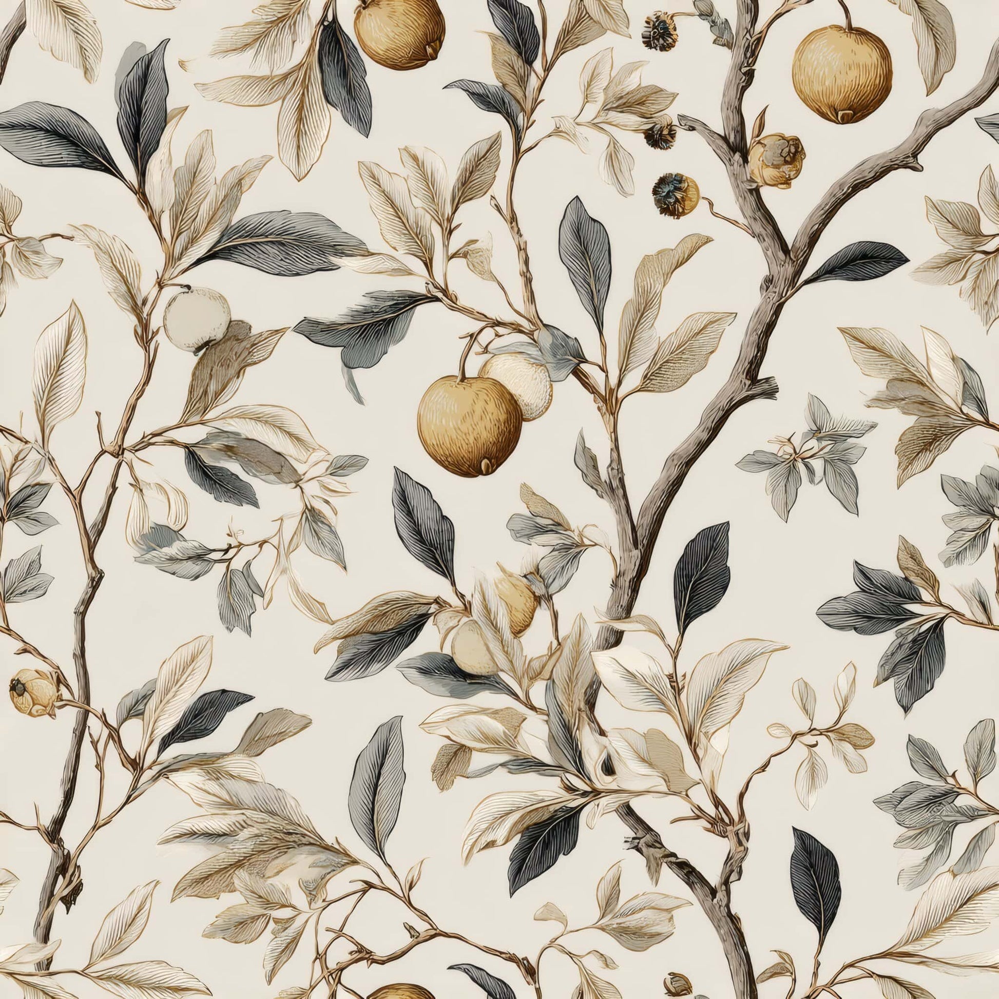 Botanical wallpaper with branches, leaves, and golden fruits on a cream background.