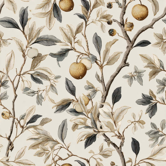 Botanical wallpaper with branches, leaves, and golden fruits on a cream background.