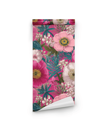 Blossom Fantasy Wallpaper showcases a detailed floral design with pink, white, and purple flowers plus green foliage on a white background.