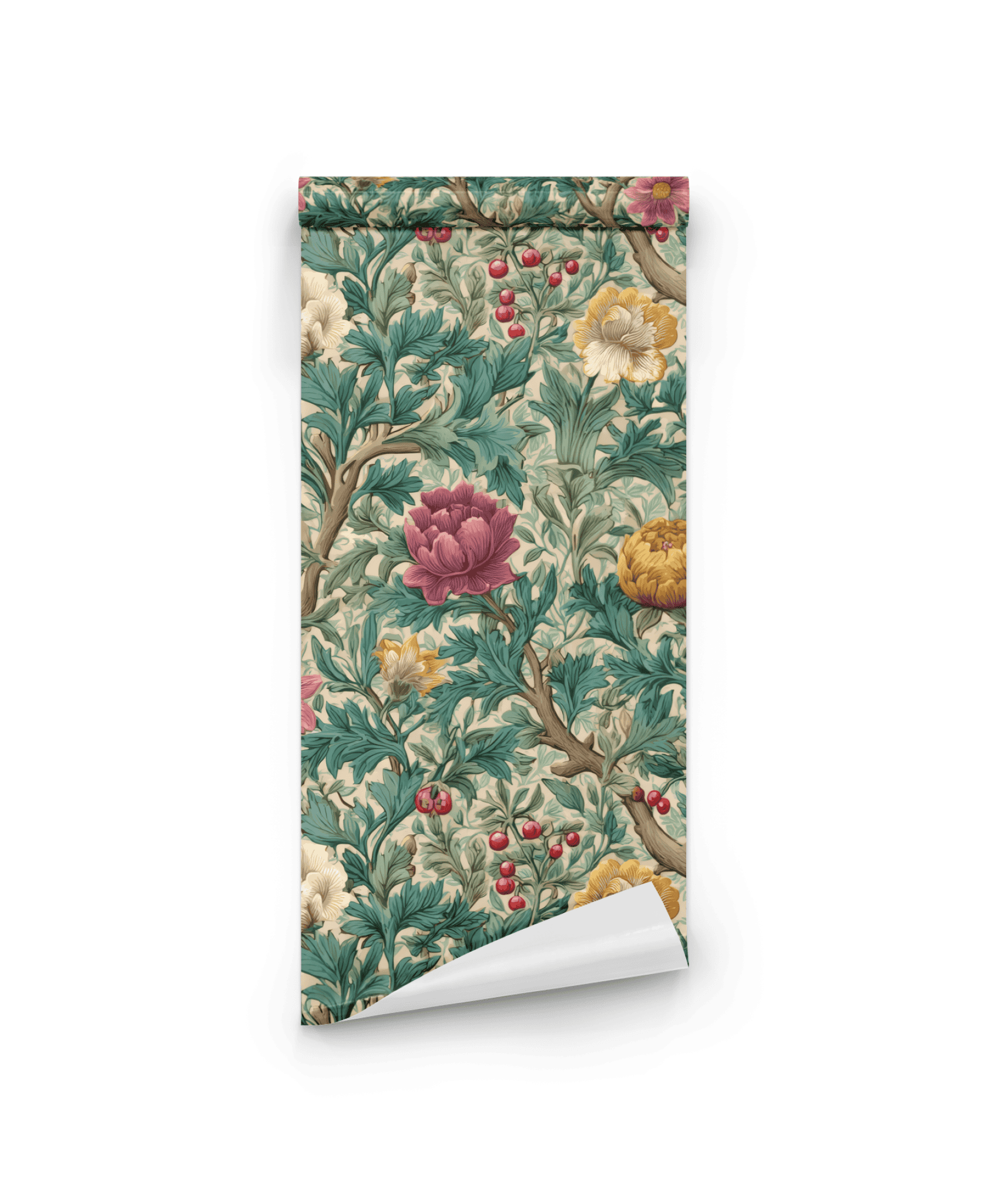 Botanical Whimsy Wallpaper: A rolled sheet of botanical wallpaper with a floral and foliage design, showcasing large red, yellow, and white flowers, green leaves, and red berries on a light background.