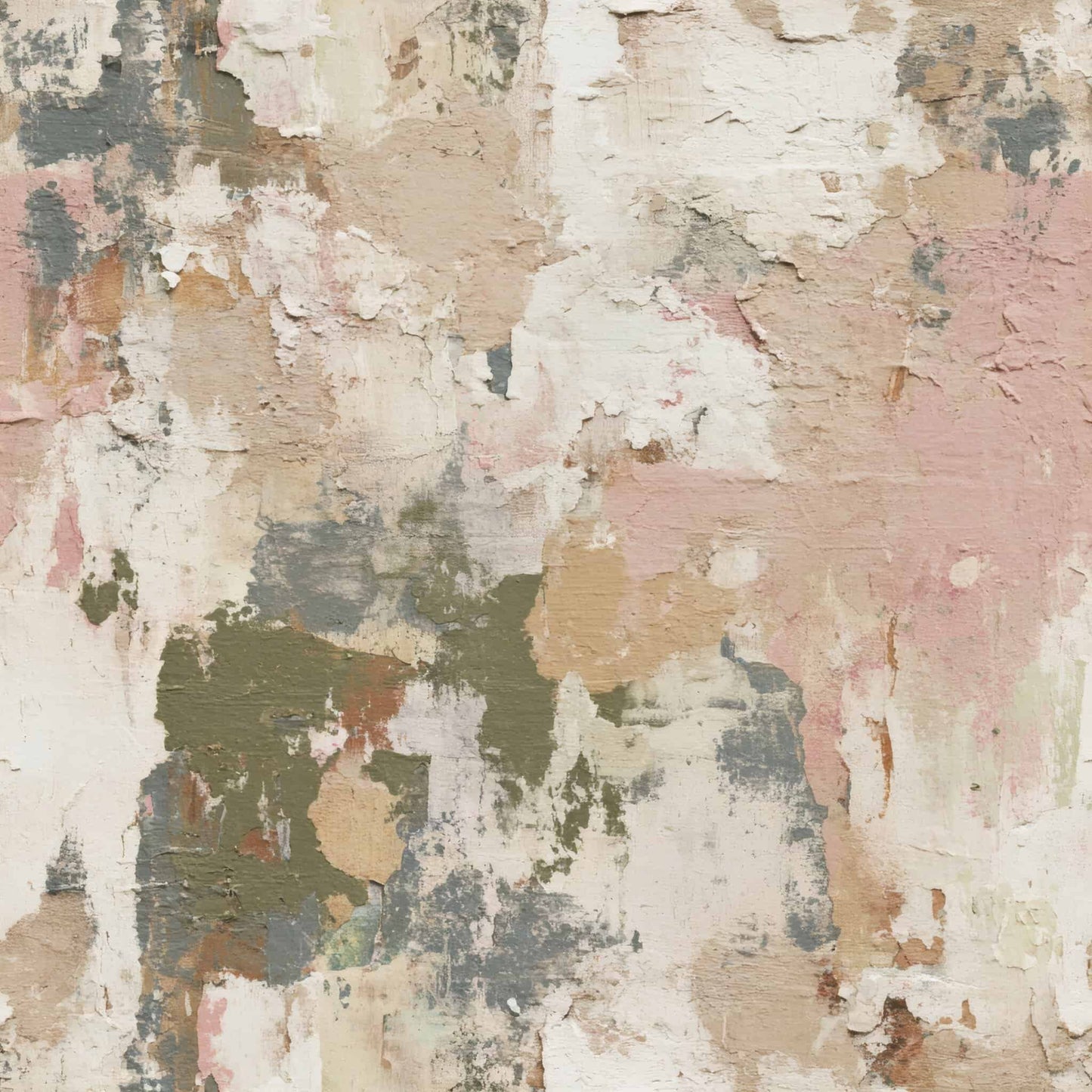 Wallpaper with a textured plaster design in earthy tones of beige, pink, and green.