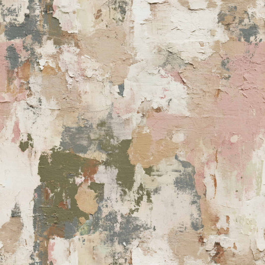 Wallpaper with a textured plaster design in earthy tones of beige, pink, and green.