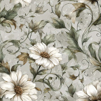 Floral wallpaper with soft white blossoms and green leaves on a light backdrop.