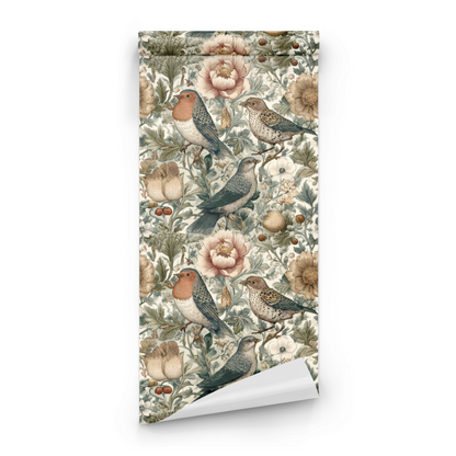 Cream Floral Wallpaper roll preview showing the warbler bird drawing and the dusty cream floral detail in fine line work