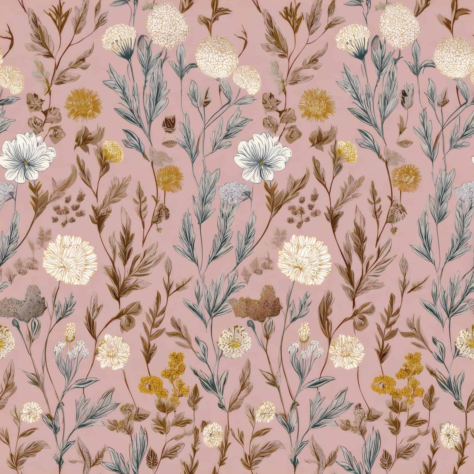Wallpaper with delicate floral pattern in soft pastel pink and neutral tones.