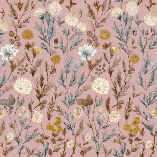 Wallpaper with delicate floral pattern in soft pastel pink and neutral tones.