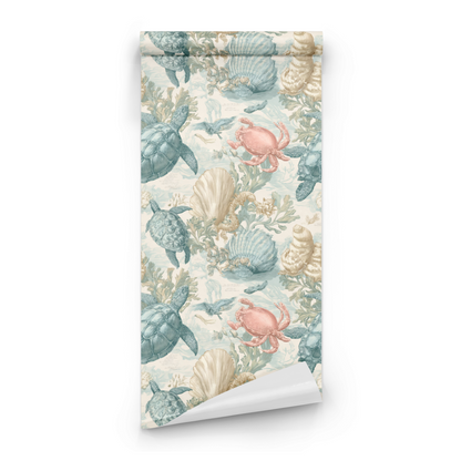 Teal Etching | Cream Animal Print Wallpaper | Scenic - Roll Preview