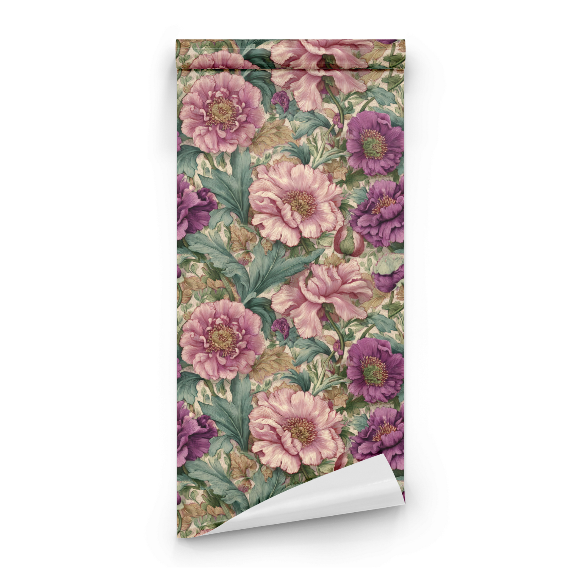 Pink Floral Wallpaper roll preview showing the tapestry floral drawing in close soft pink Victorian detail
