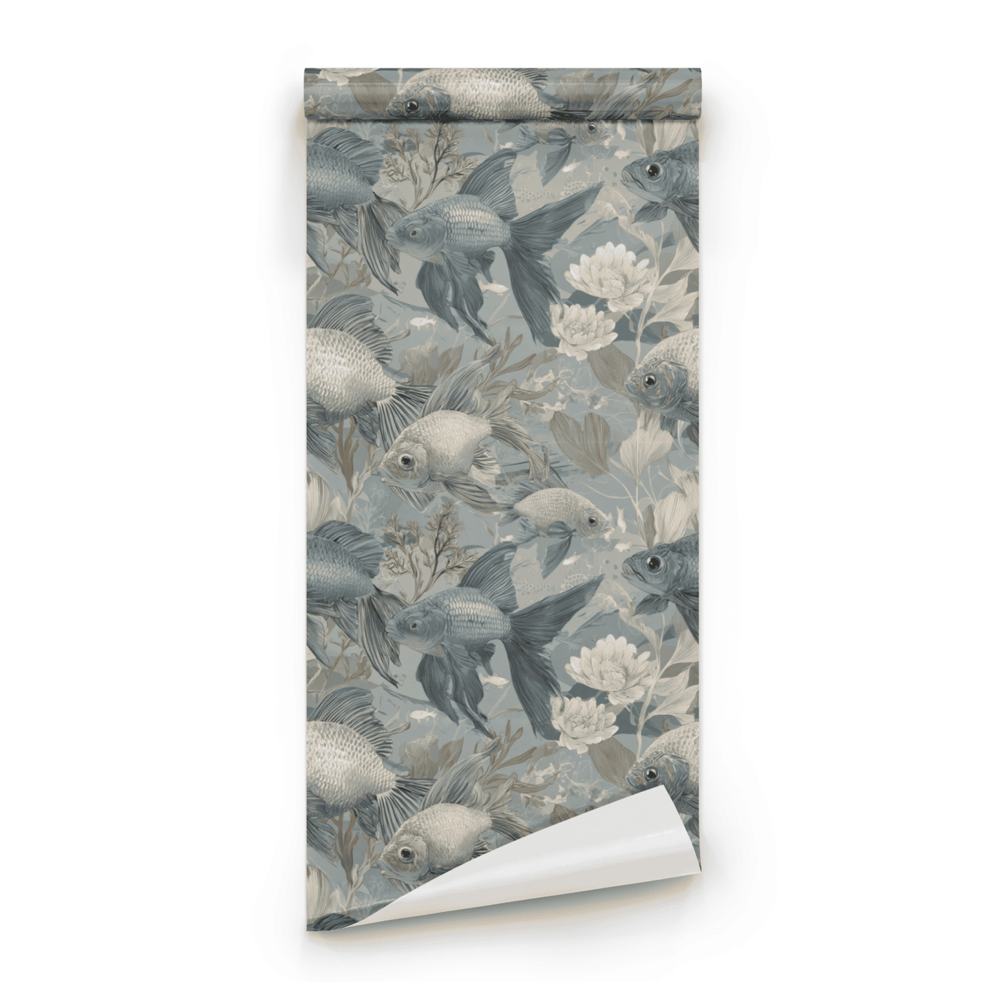 Blue Animal Print Wallpaper roll preview showing the fish scale and lotus detail in close soft blue line work
