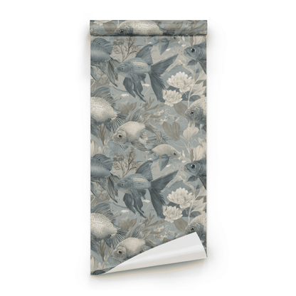 Blue Animal Print Wallpaper roll preview showing the fish scale and lotus detail in close soft blue line work