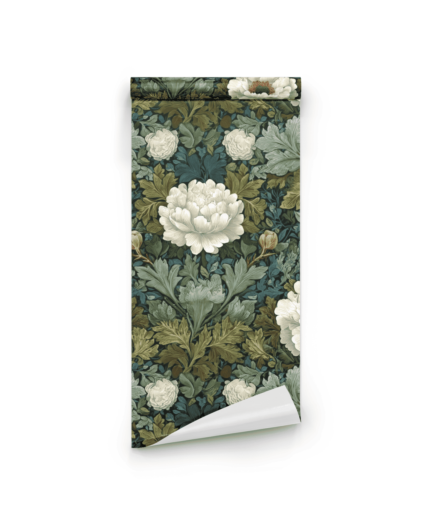 The Petal Bloom Wallpaper features a floral tapestry with large white petals and lush green foliage on a dark background, shown partially unrolled.