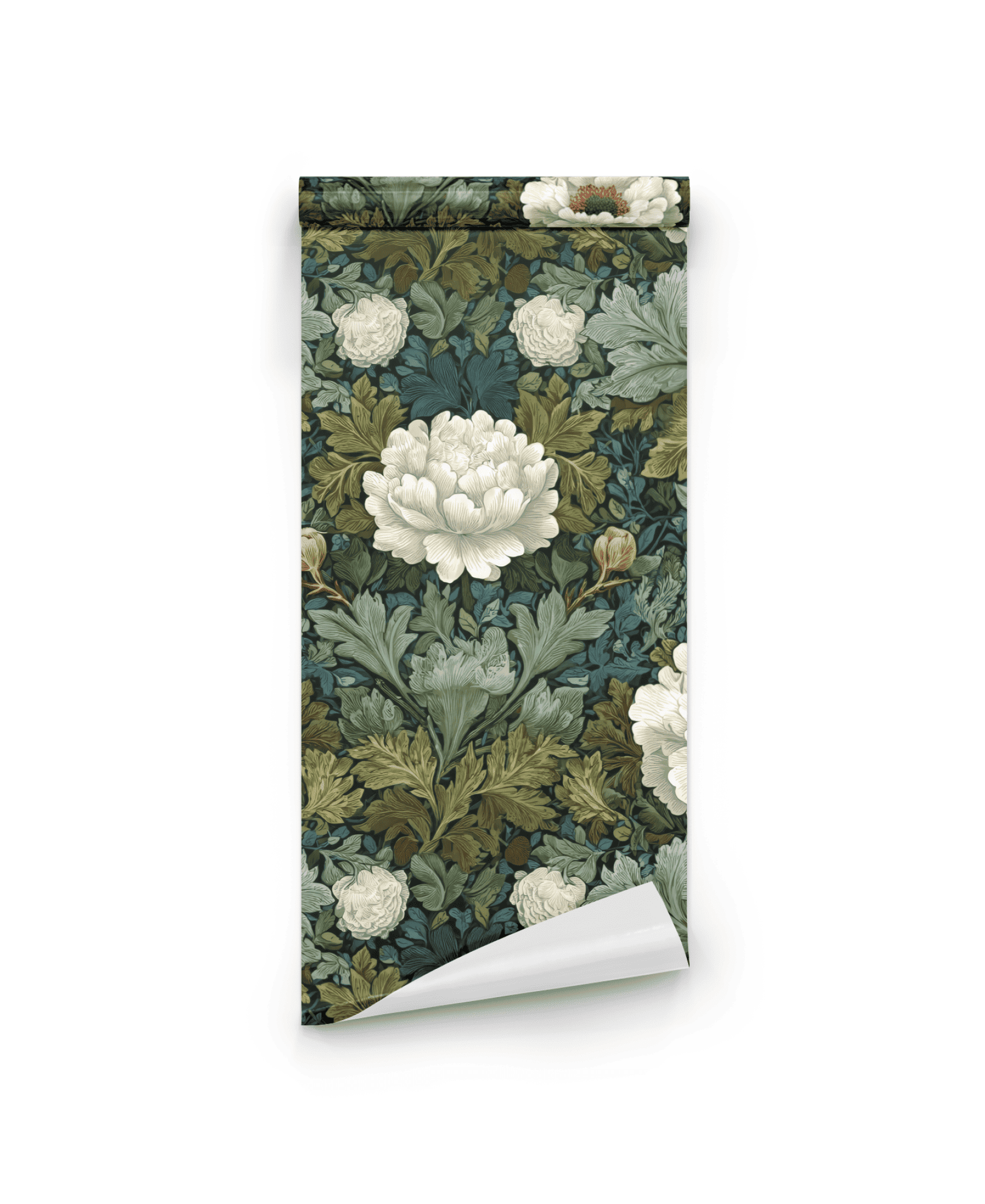 The Petal Bloom Wallpaper features a floral tapestry with large white petals and lush green foliage on a dark background, shown partially unrolled.