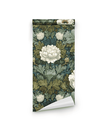The Petal Bloom Wallpaper features a floral tapestry with large white petals and lush green foliage on a dark background, shown partially unrolled.