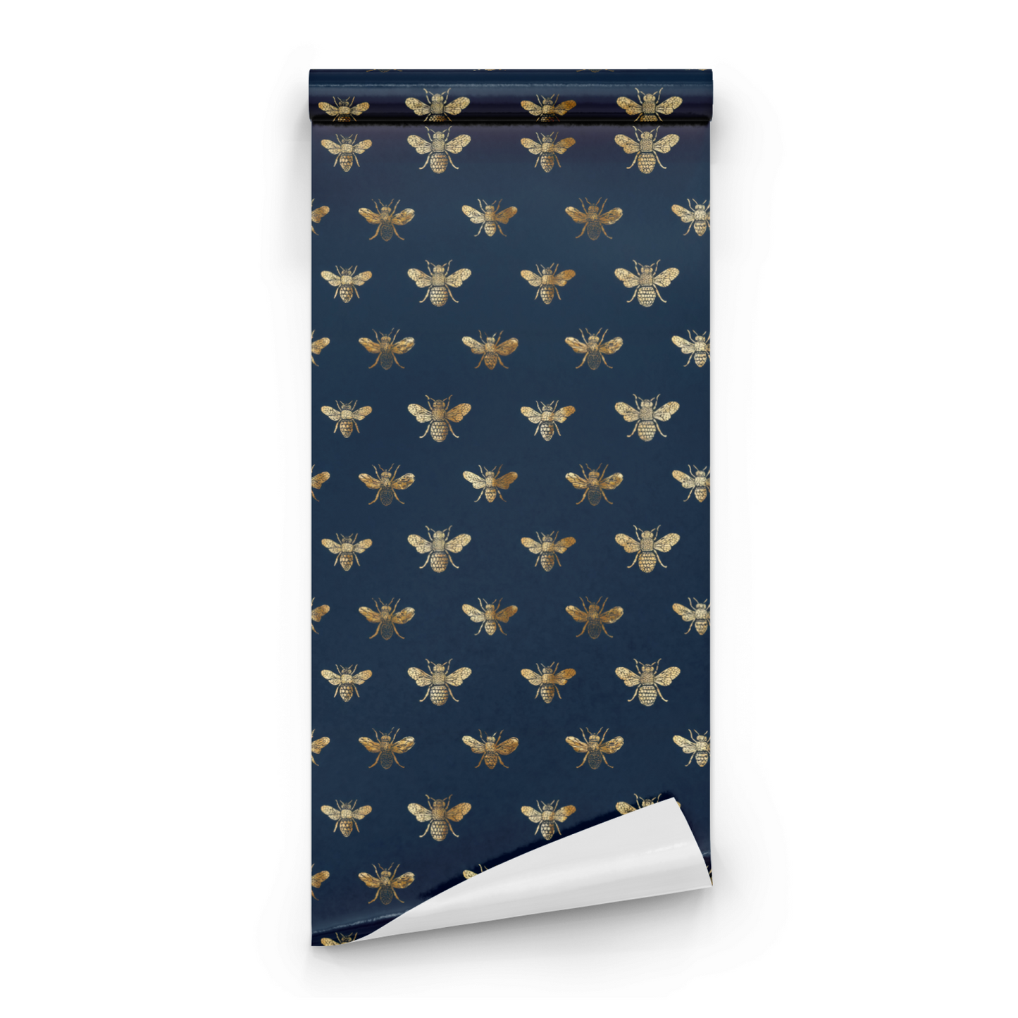 Blue Animal Print Wallpaper roll close-up showing the metallic bronze bee detail and the blue ground in fine drawing