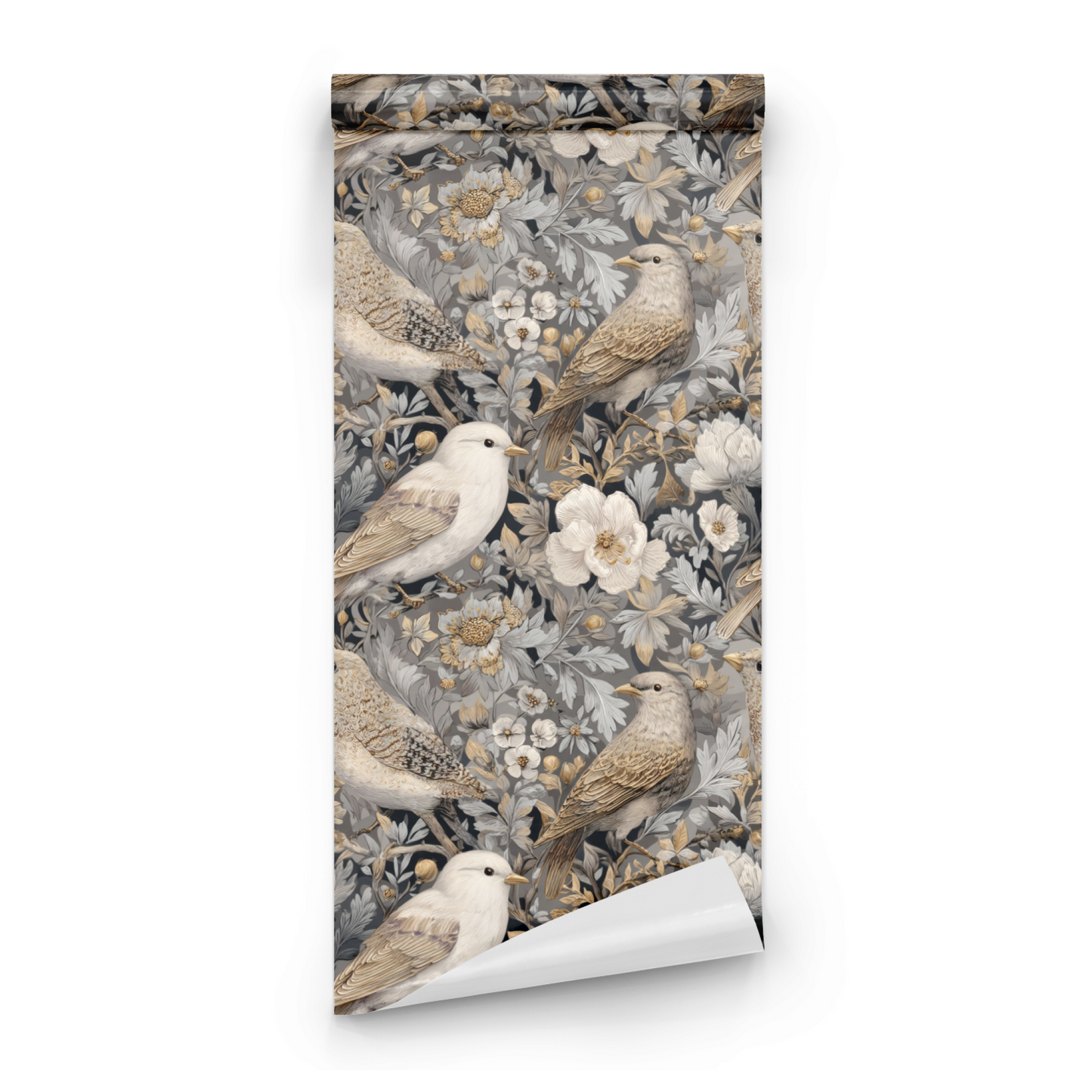 Grey Floral Wallpaper roll preview showing the finch bird drawing and the woodland floral detail in chalky grey