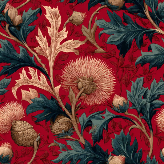 Rich crimson wallpaper featuring thistle patterns with deep teal and neutral accents.
