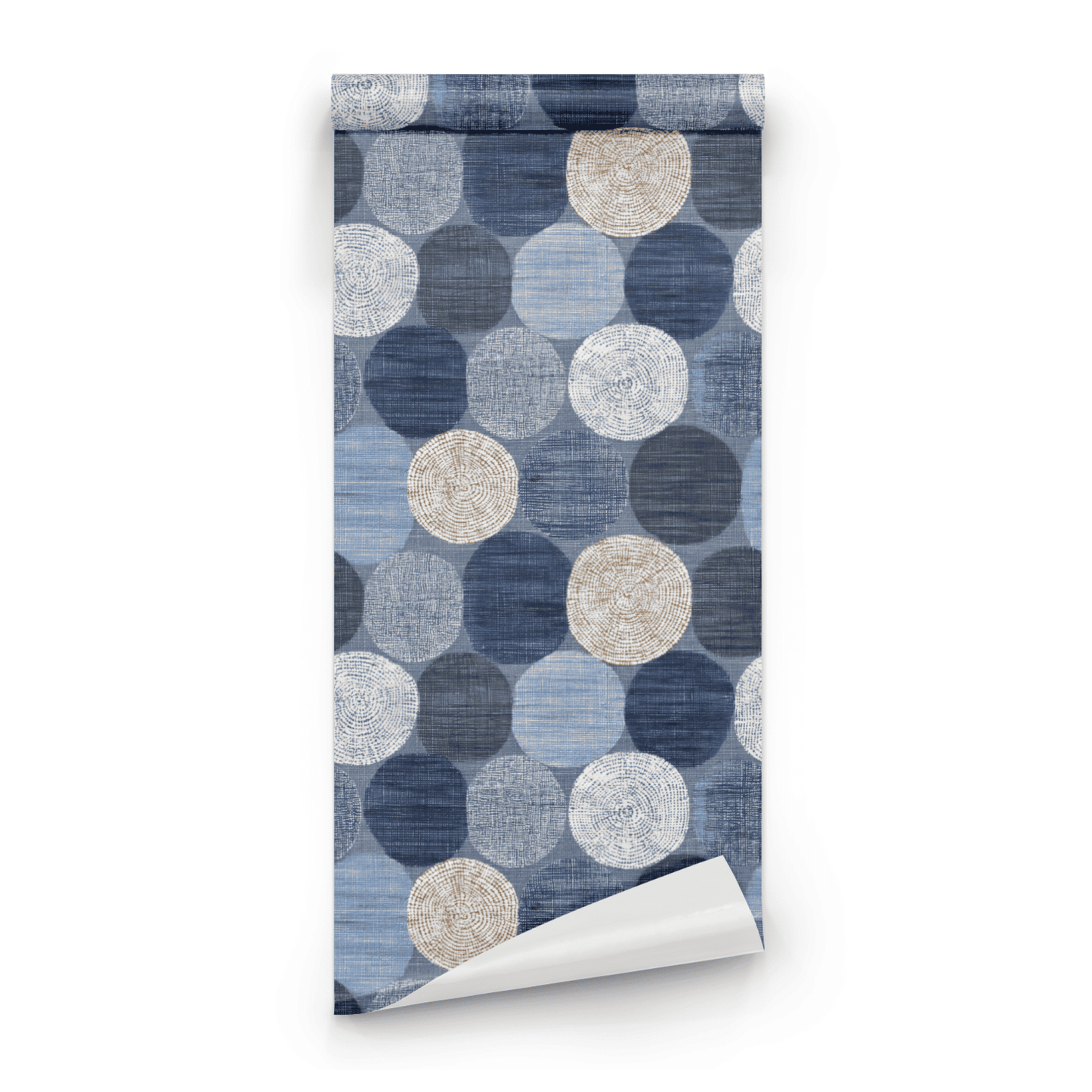 Blue Geometric Wallpaper roll preview showing the geometric ring pattern in close-up denim blue detail