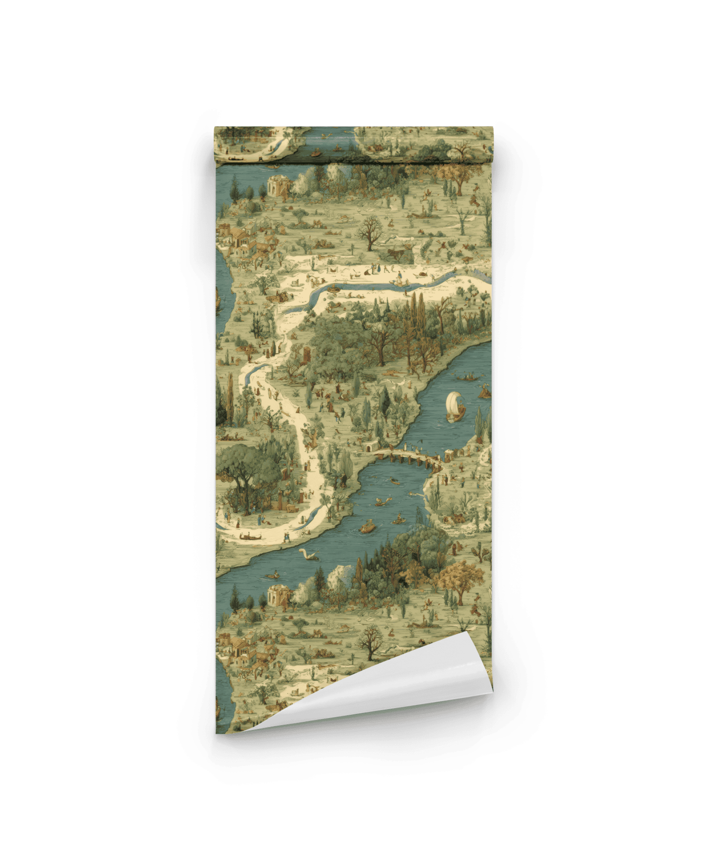 Pastoral Journey Wallpaper: A rolled sheet featuring a whimsical landscape of rivers, boats, trees, and rural buildings in muted green, beige, and blue tones for a charming pastoral touch.