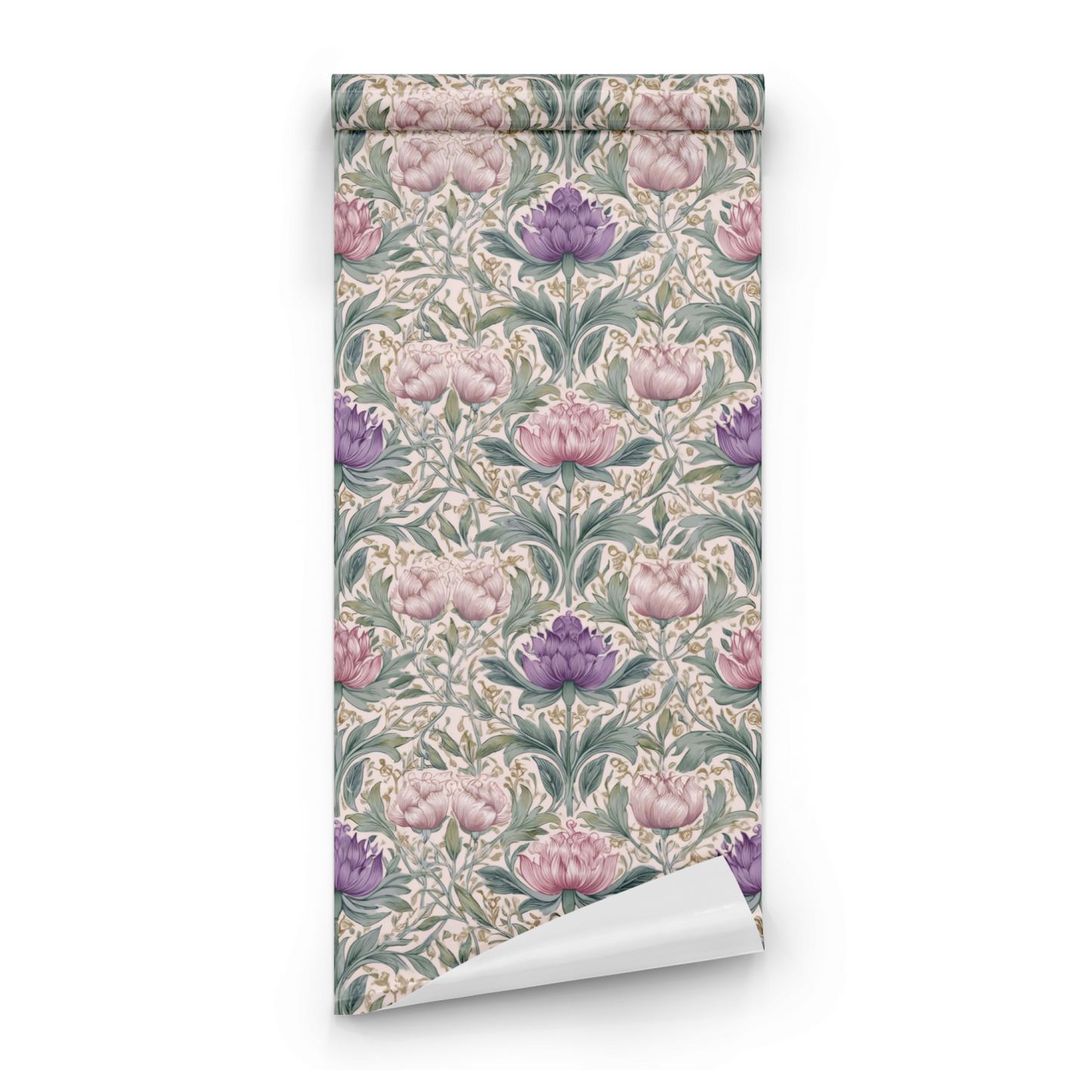 Cream Floral Wallpaper roll close-up showing the art nouveau verdure drawing in close cream-and-lilac detail
