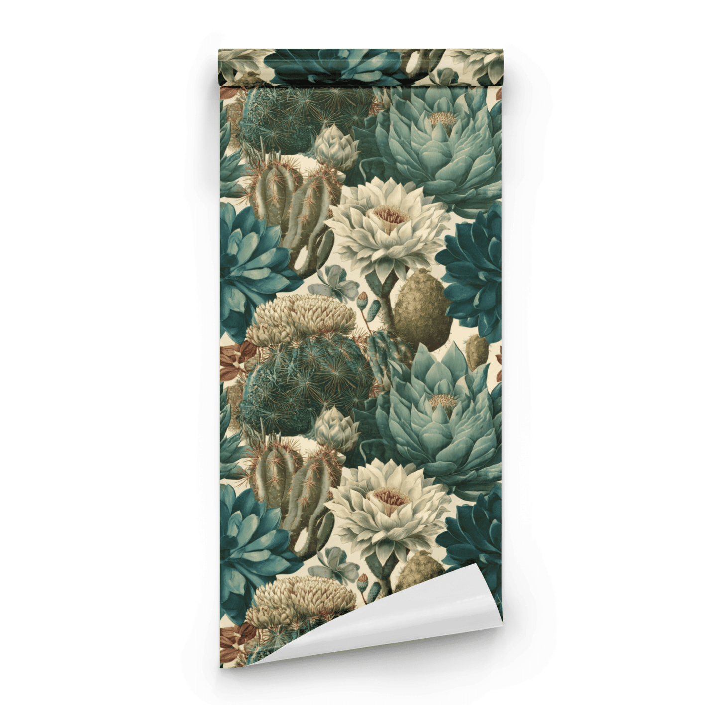 Green Botanical Wallpaper roll preview showing the succulent plant drawing in engraved green line work