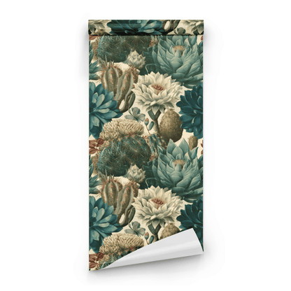 Green Botanical Wallpaper roll preview showing the succulent plant drawing in engraved green line work