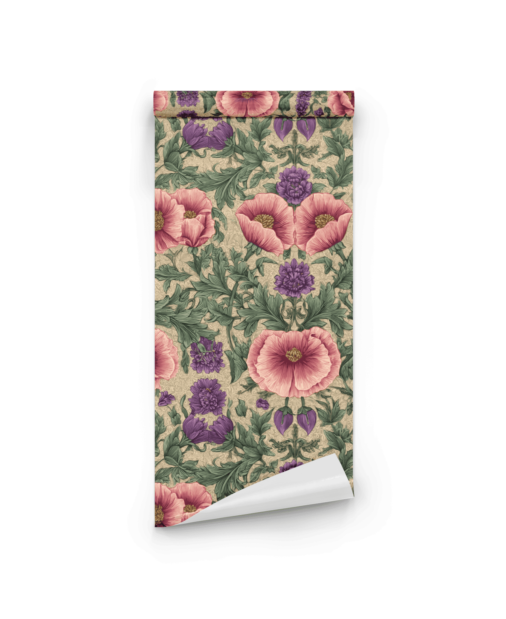 The Blooming Reverie Wallpaper features pink and purple flowers with green leaves on a beige background, creating a nostalgic garden feel. One bottom corner of this romantic wallpaper is slightly curled.