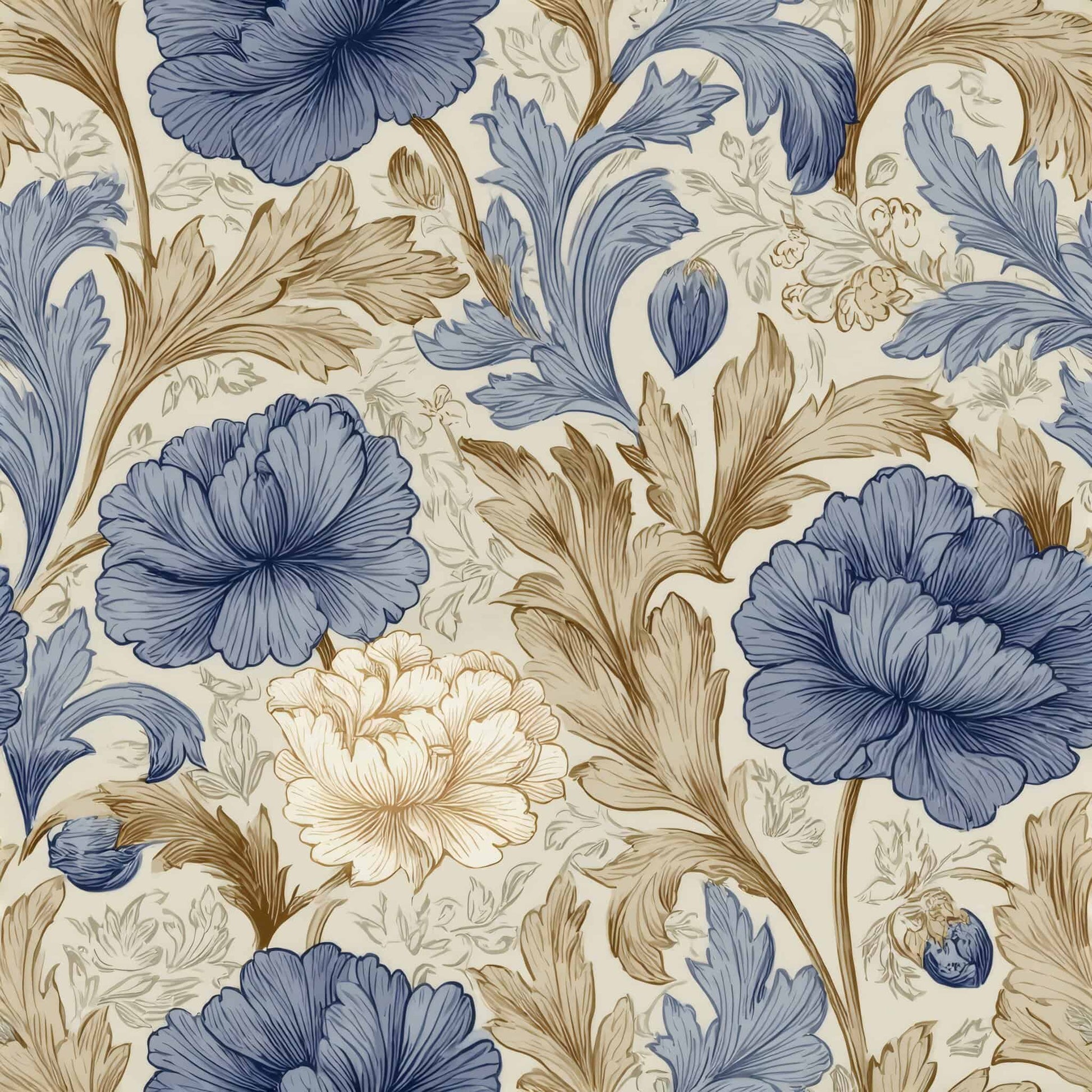 Wallpaper with elegant blue and beige floral patterns on a cream background.