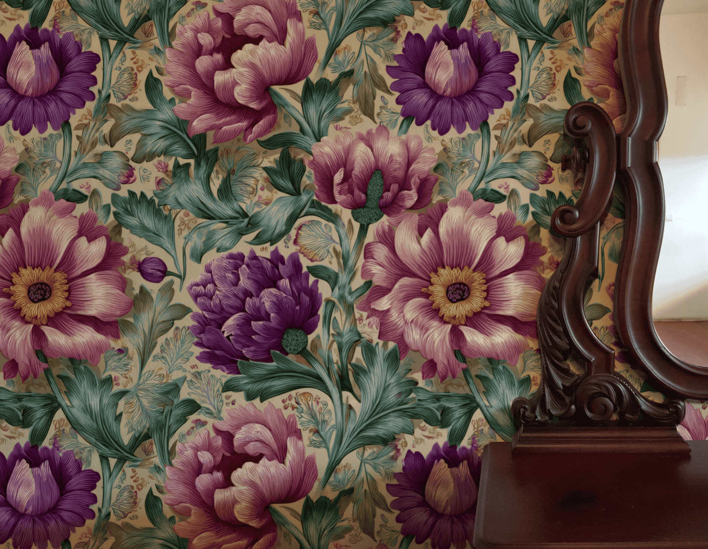 Peony Garden Wallpaper features large purple and pink peonies with green leaves, adding romantic elegance and vibrant color to any space. Perfect next to a dark wooden framed mirror for a stylish, inviting look.