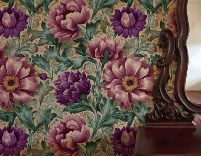 Peony Garden Wallpaper features large purple and pink peonies with green leaves, adding romantic elegance and vibrant color to any space. Perfect next to a dark wooden framed mirror for a stylish, inviting look.