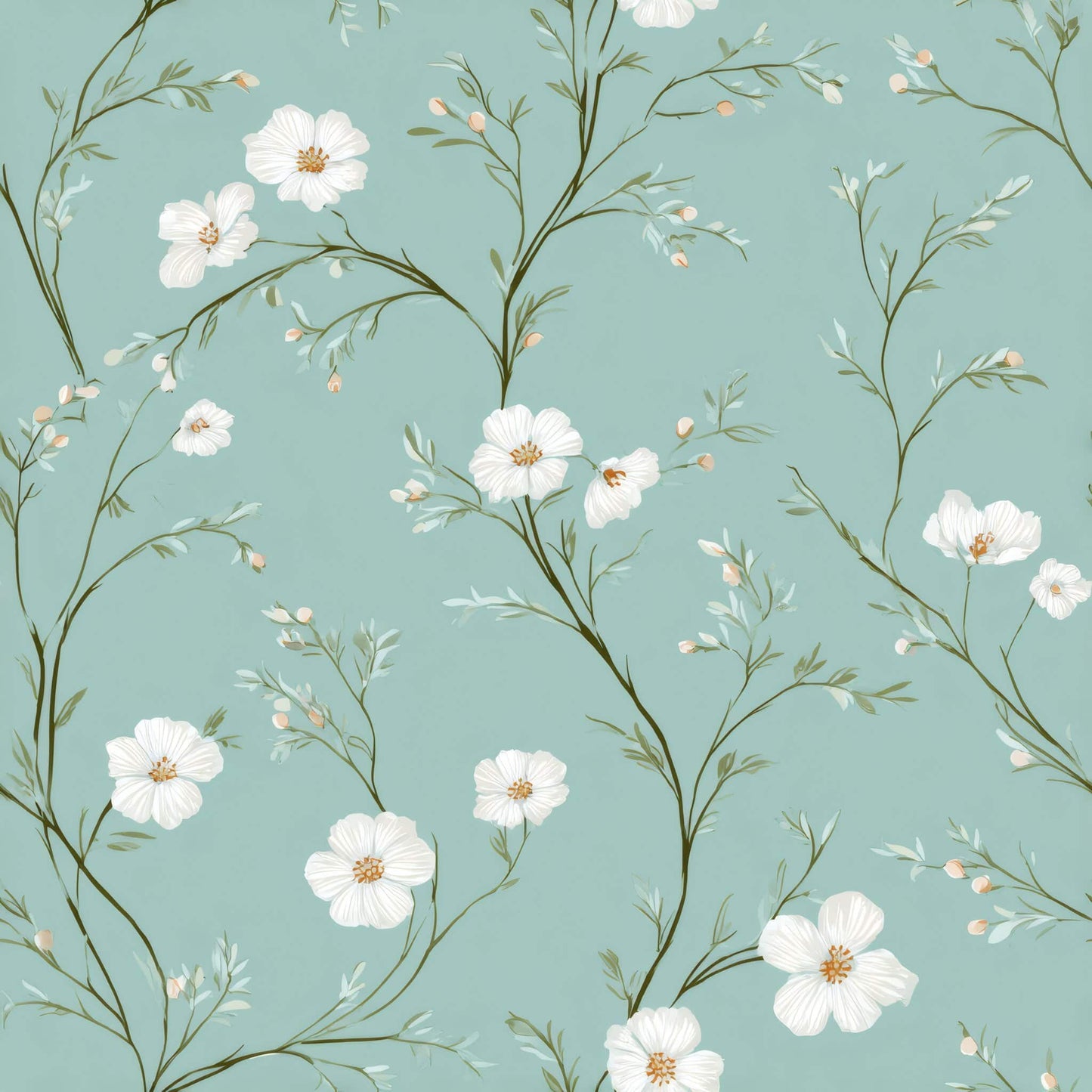 Wallpaper with delicate white blossoms and soft teal background.
