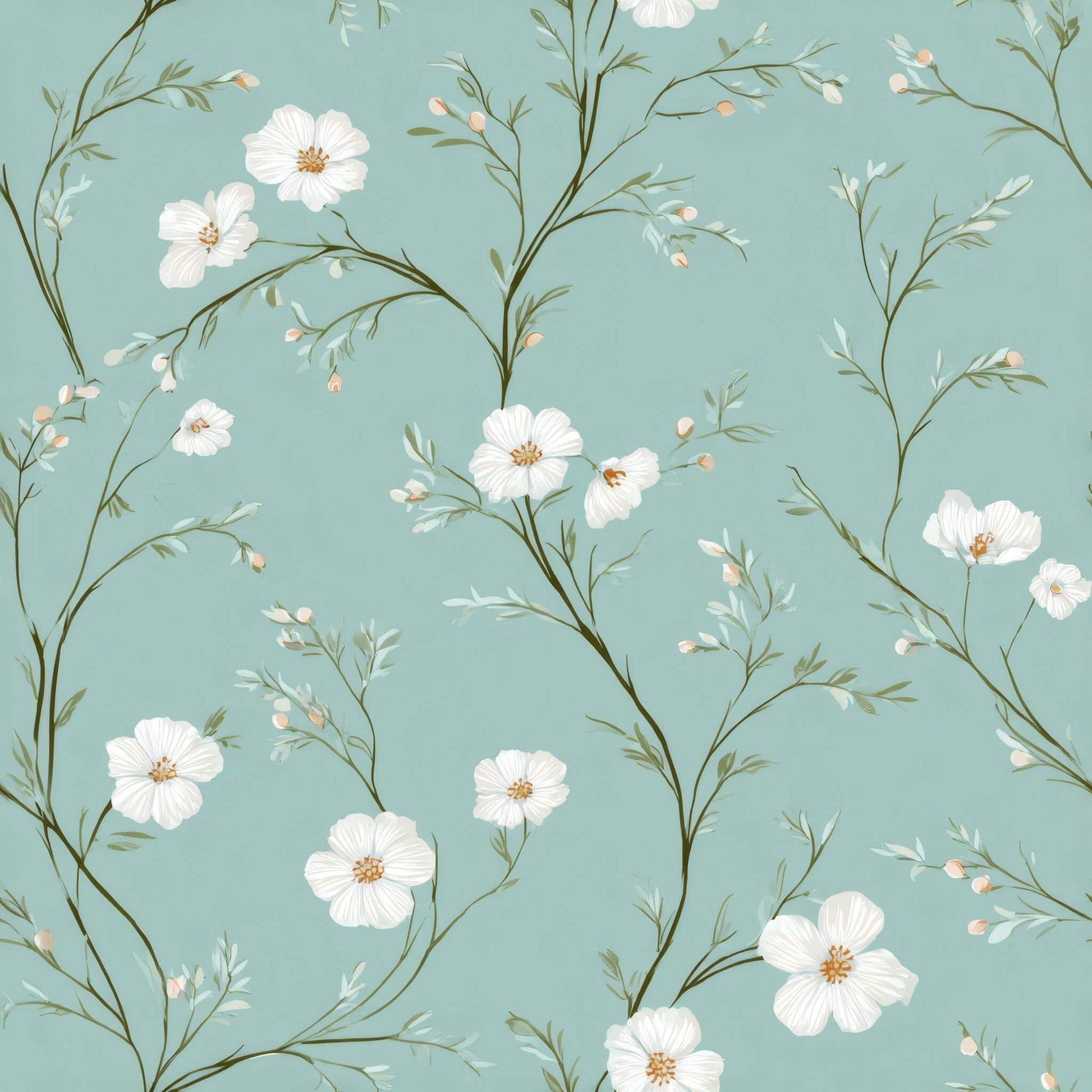 Wallpaper with delicate white blossoms and soft teal background.