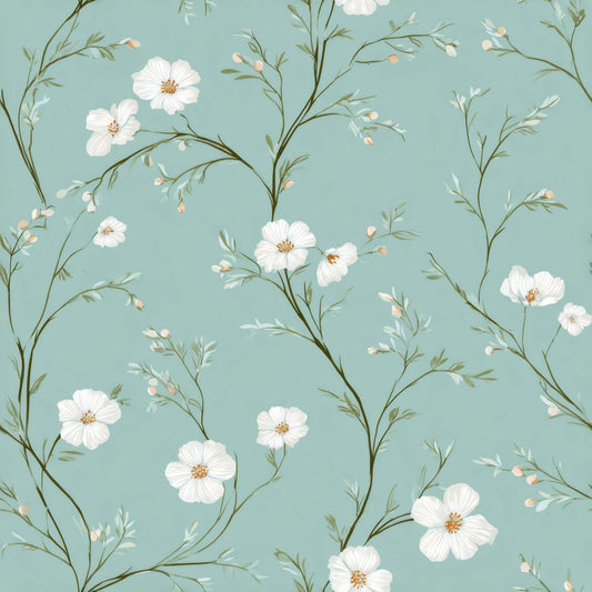 Wallpaper with delicate white blossoms and soft teal background.