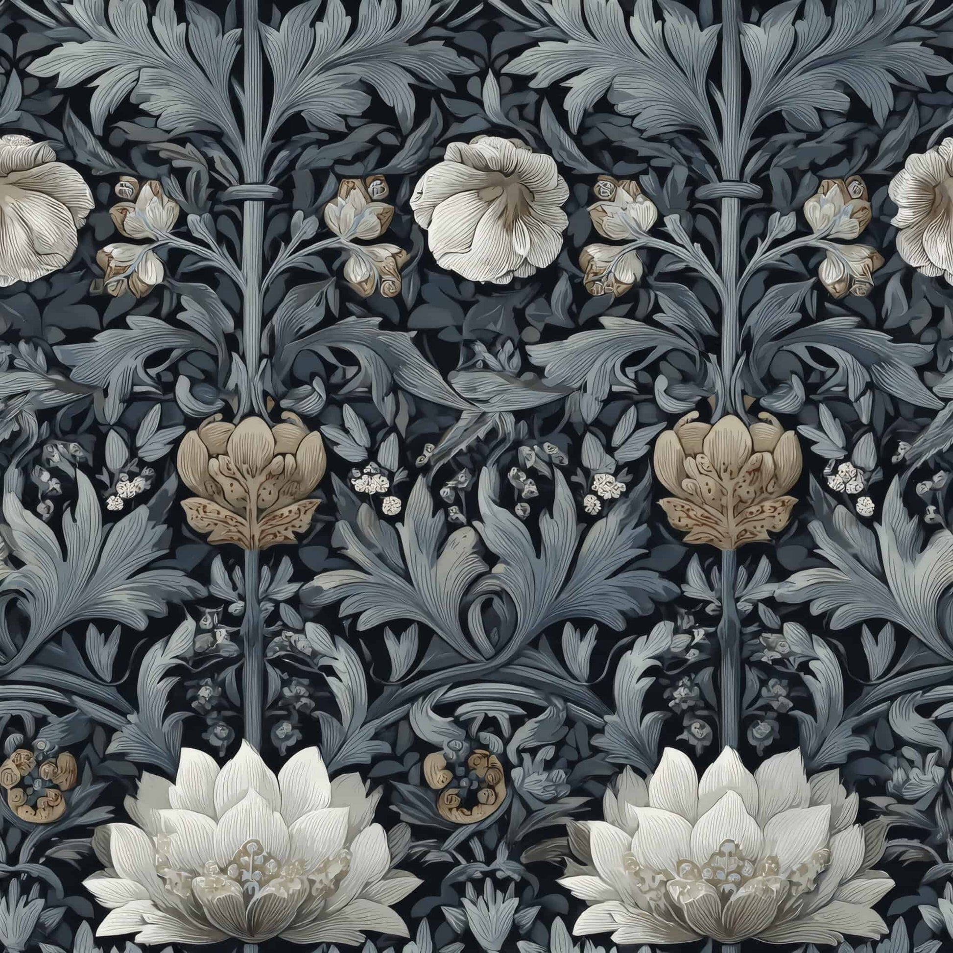 Ornate floral pattern in deep blue with neutral tones, featuring detailed flowers and leaves.