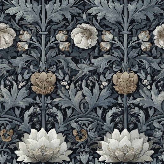 Ornate floral pattern in deep blue with neutral tones, featuring detailed flowers and leaves.
