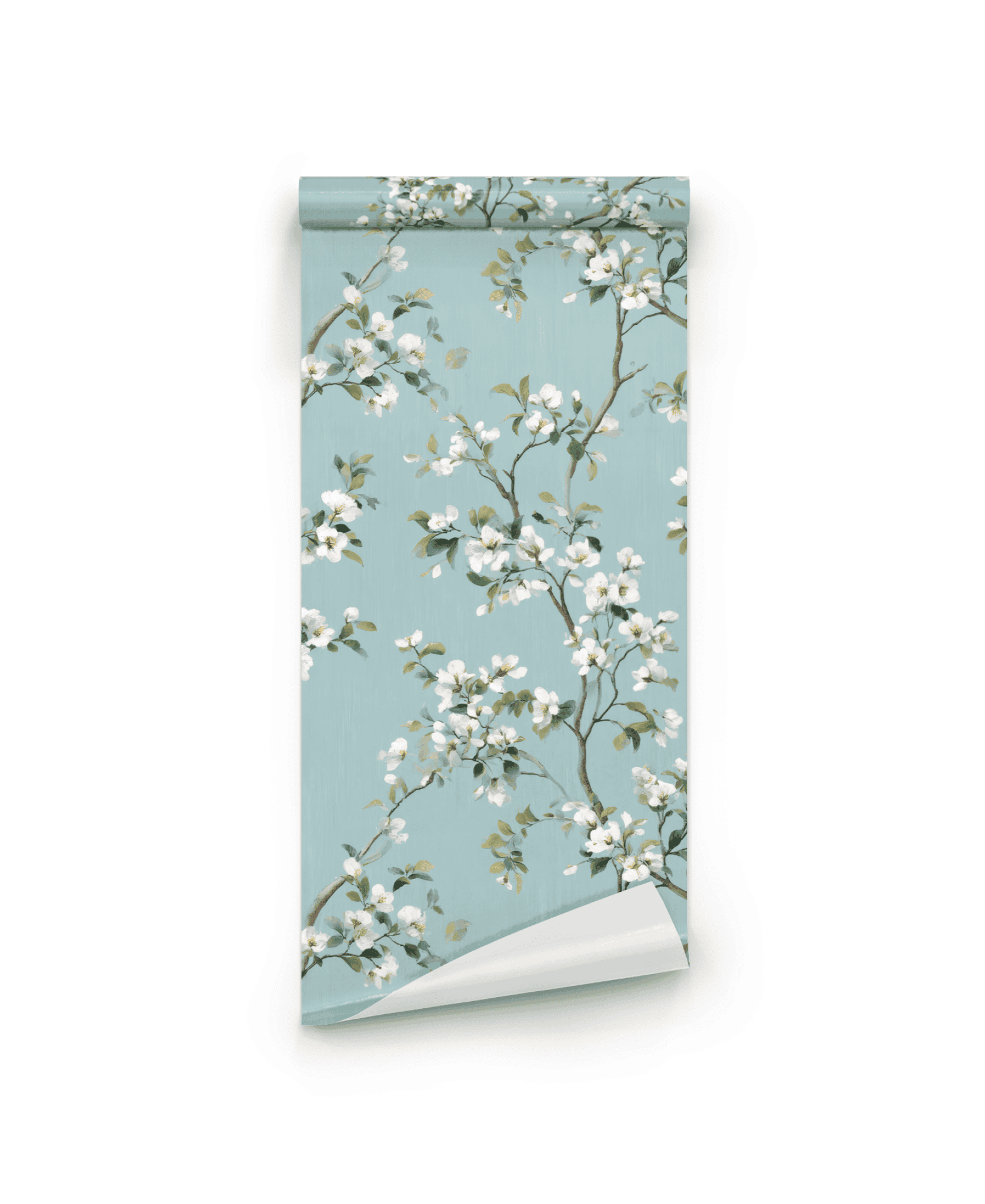 Blossom Dream Wallpaper features a light blue background with delicate white floral branches, creating a serene atmosphere and bringing calm to any space.