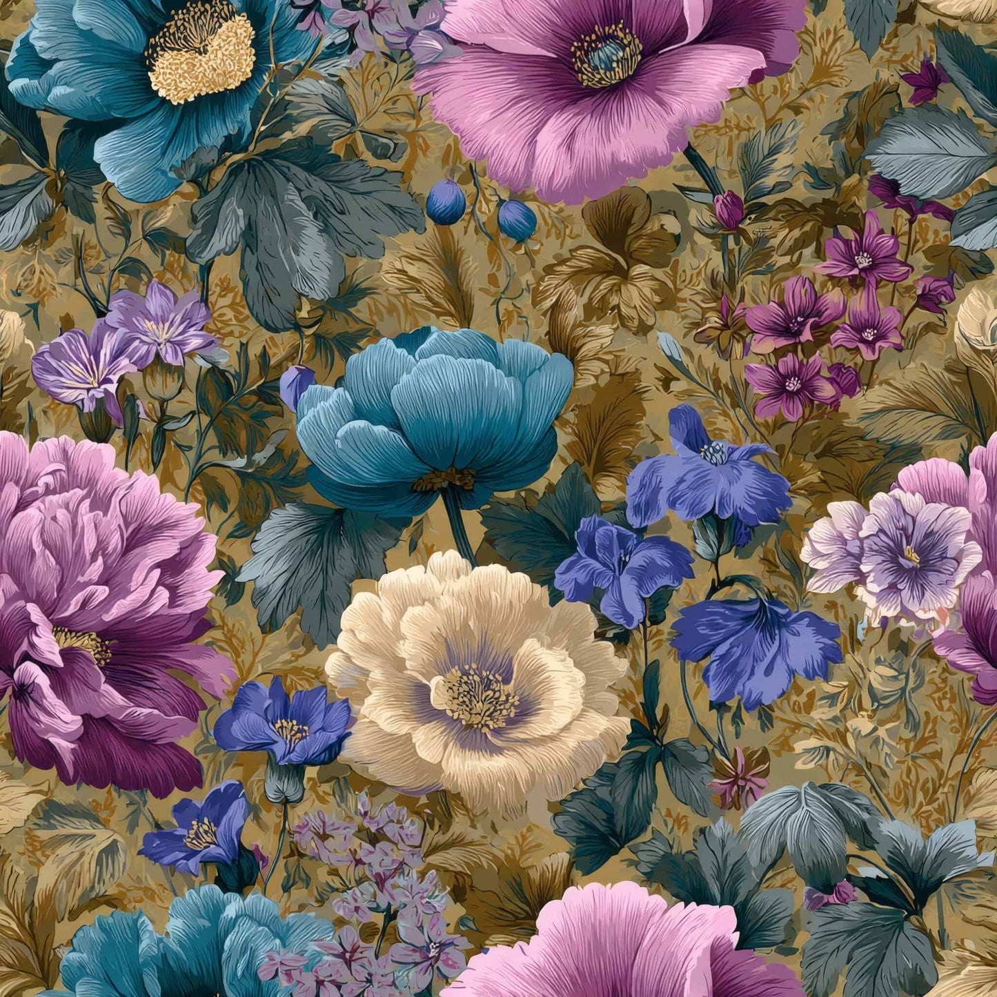 Wallpaper with richly colored flowers on a muted golden background, featuring blue and purple blooms.