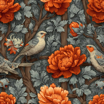 Wallpaper with vibrant orange flowers, detailed birds, and grey foliage on a dark background.