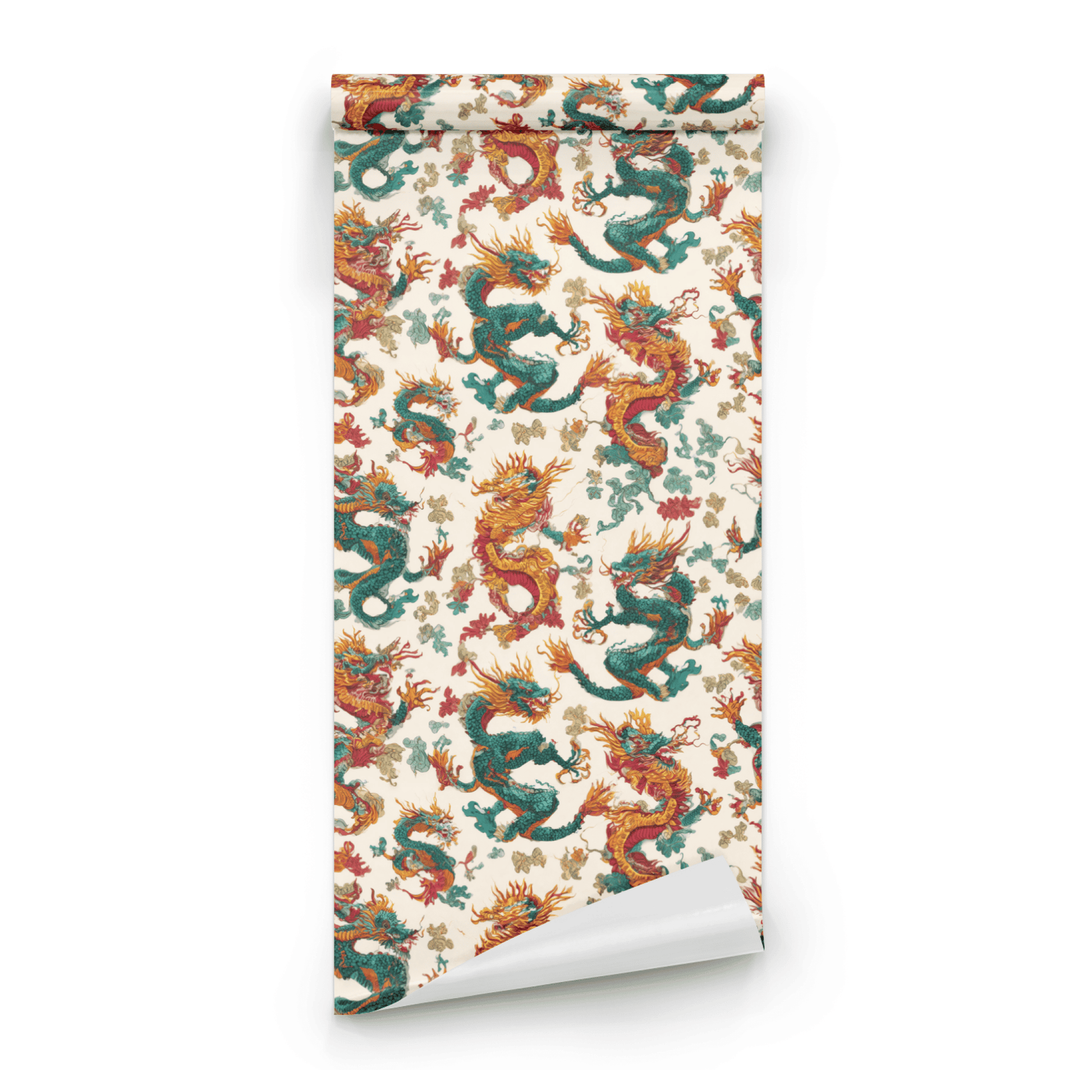 Cream Chinoiserie Wallpaper roll preview showing the chinoiserie floral drawing in close cream-and-teal detail