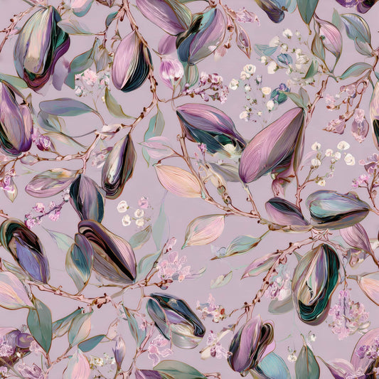 Abstract floral pattern with pastel pink, lilac, and green hues on a soft background.