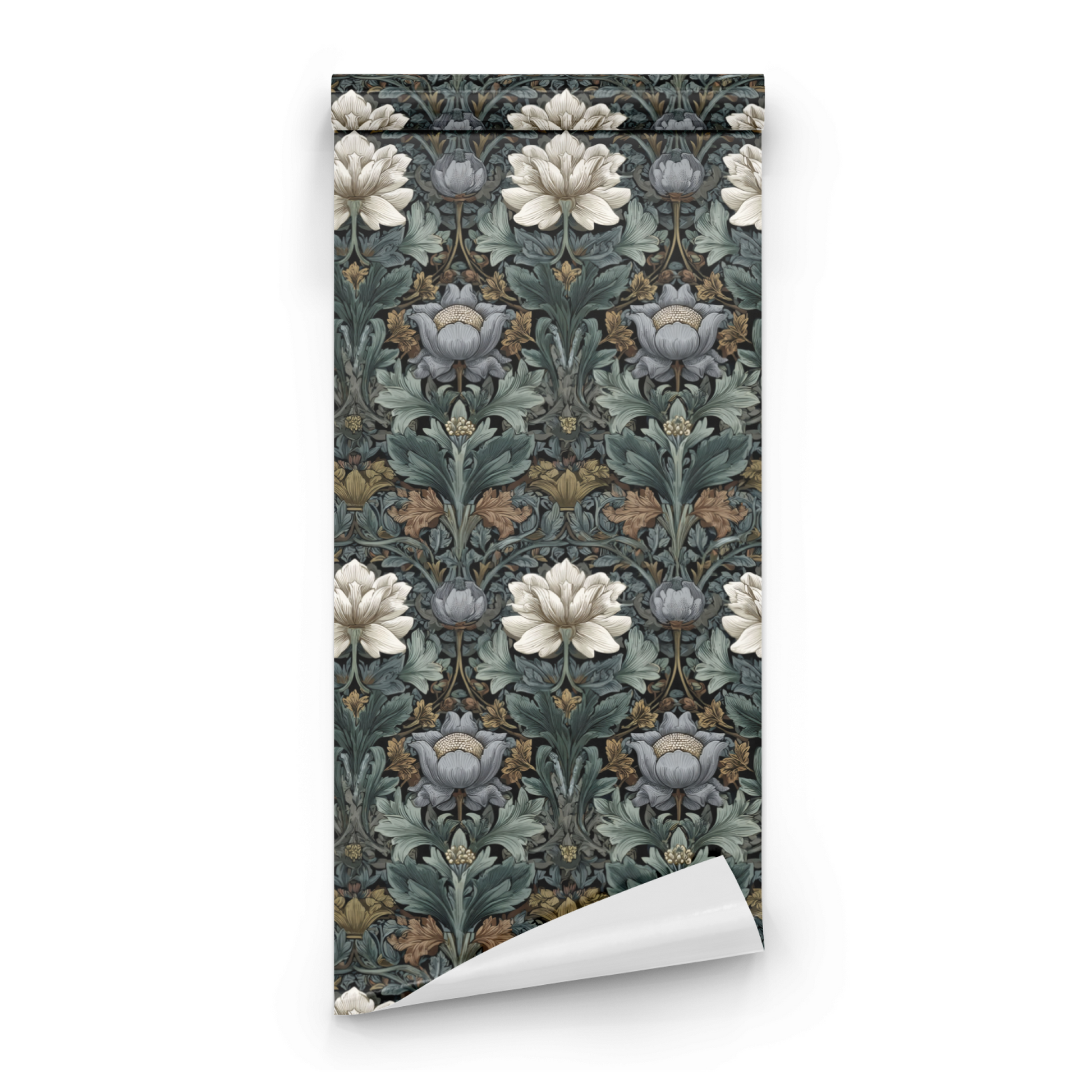 Green Floral Wallpaper roll close-up showing the thistle drawing in close slate green Arts and Crafts Victorian detail