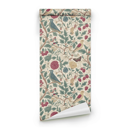 Cream Bird Pattern Wallpaper roll close-up showing the sparrow detail and the cream fruit-and-foliage drawing in fine line work