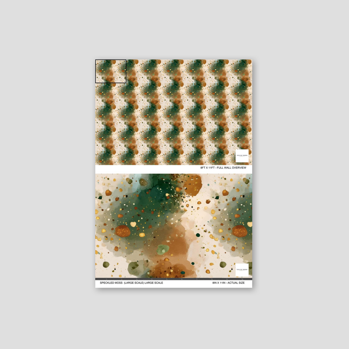 Abstract speckled moss wallpaper with green and brown watercolor spots.